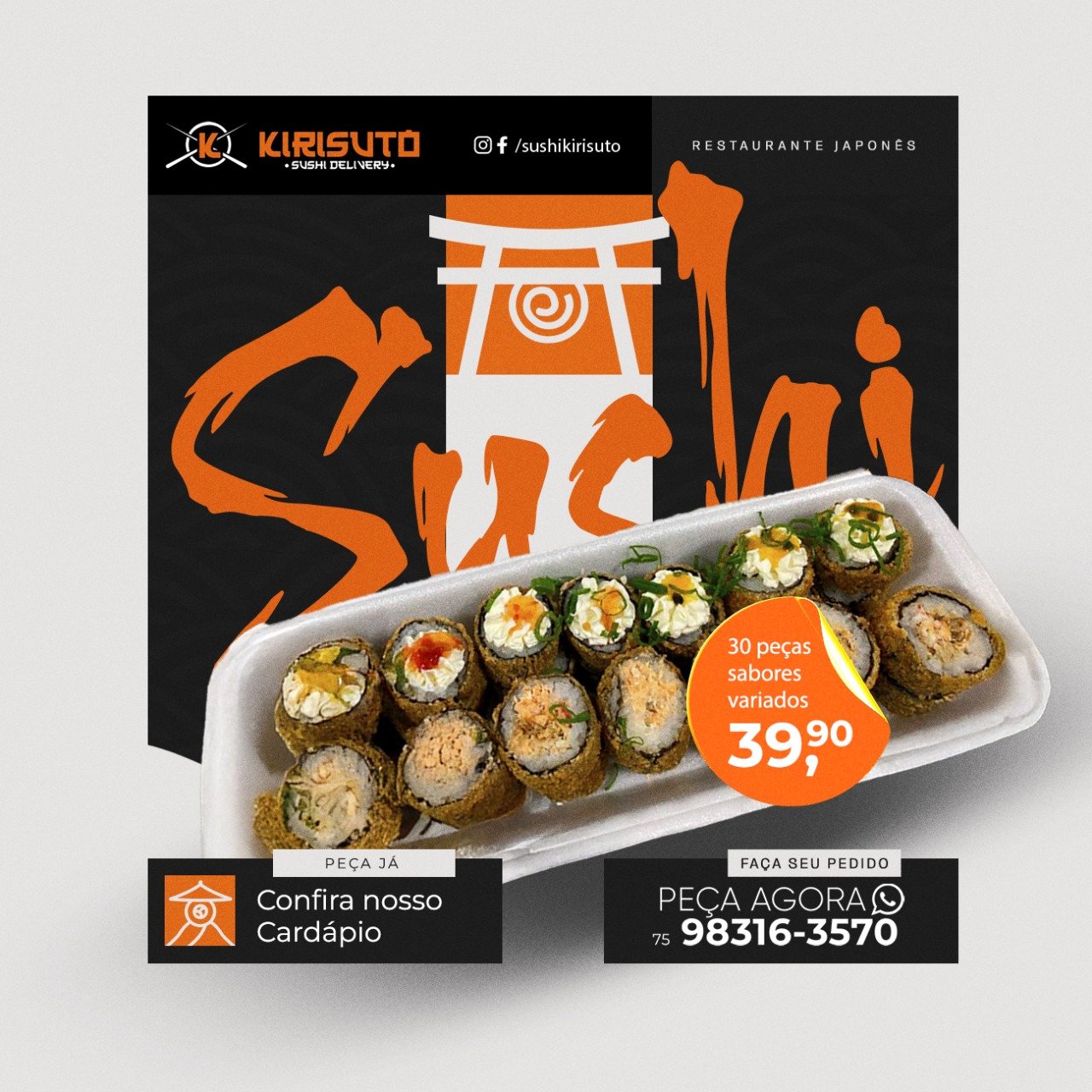 30 Peças Sortidas ( Hot Roll, Hossomaki, Uramaki )